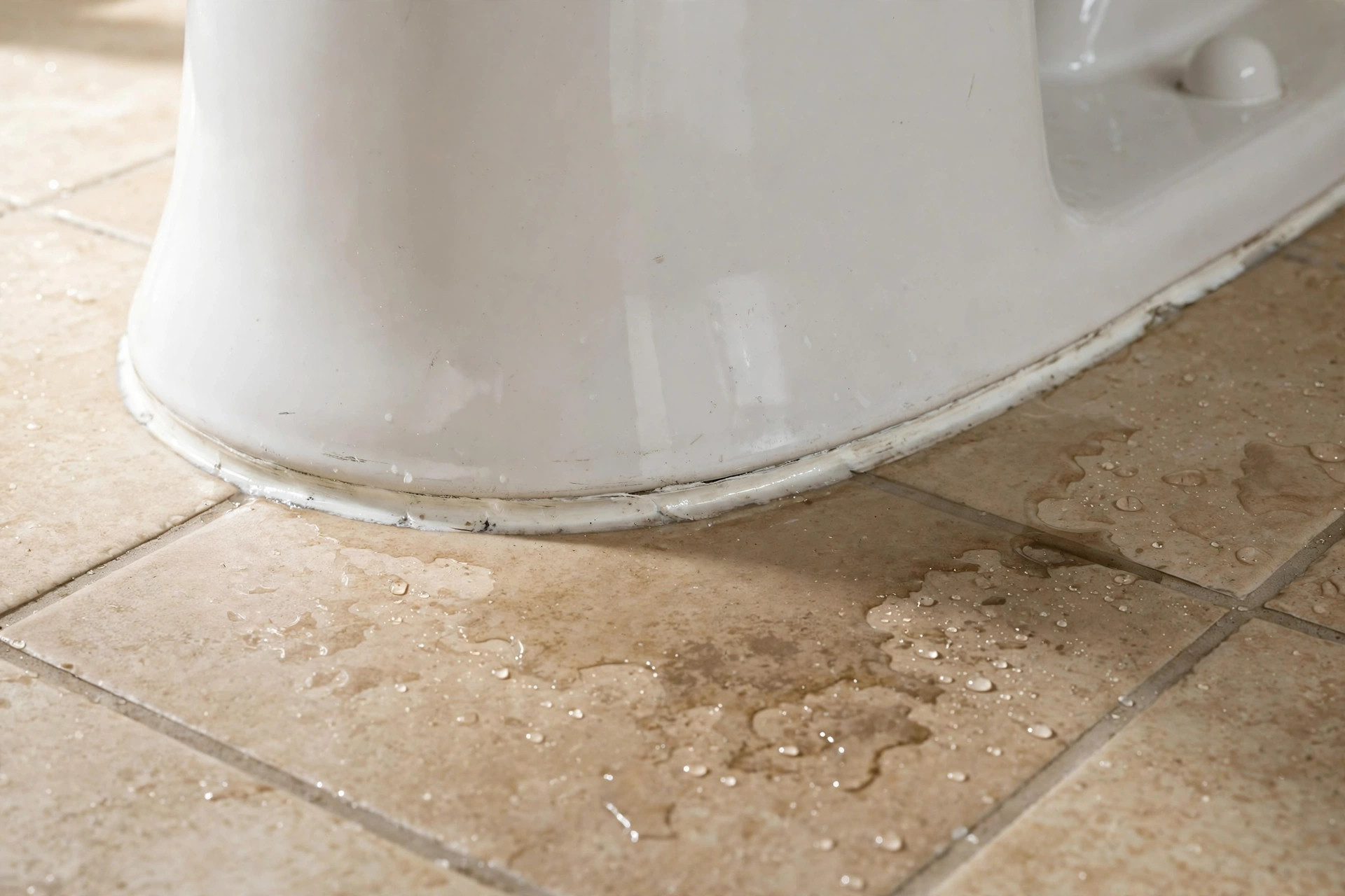 Water leaking from the base of a toilet onto a bathroom tile floor