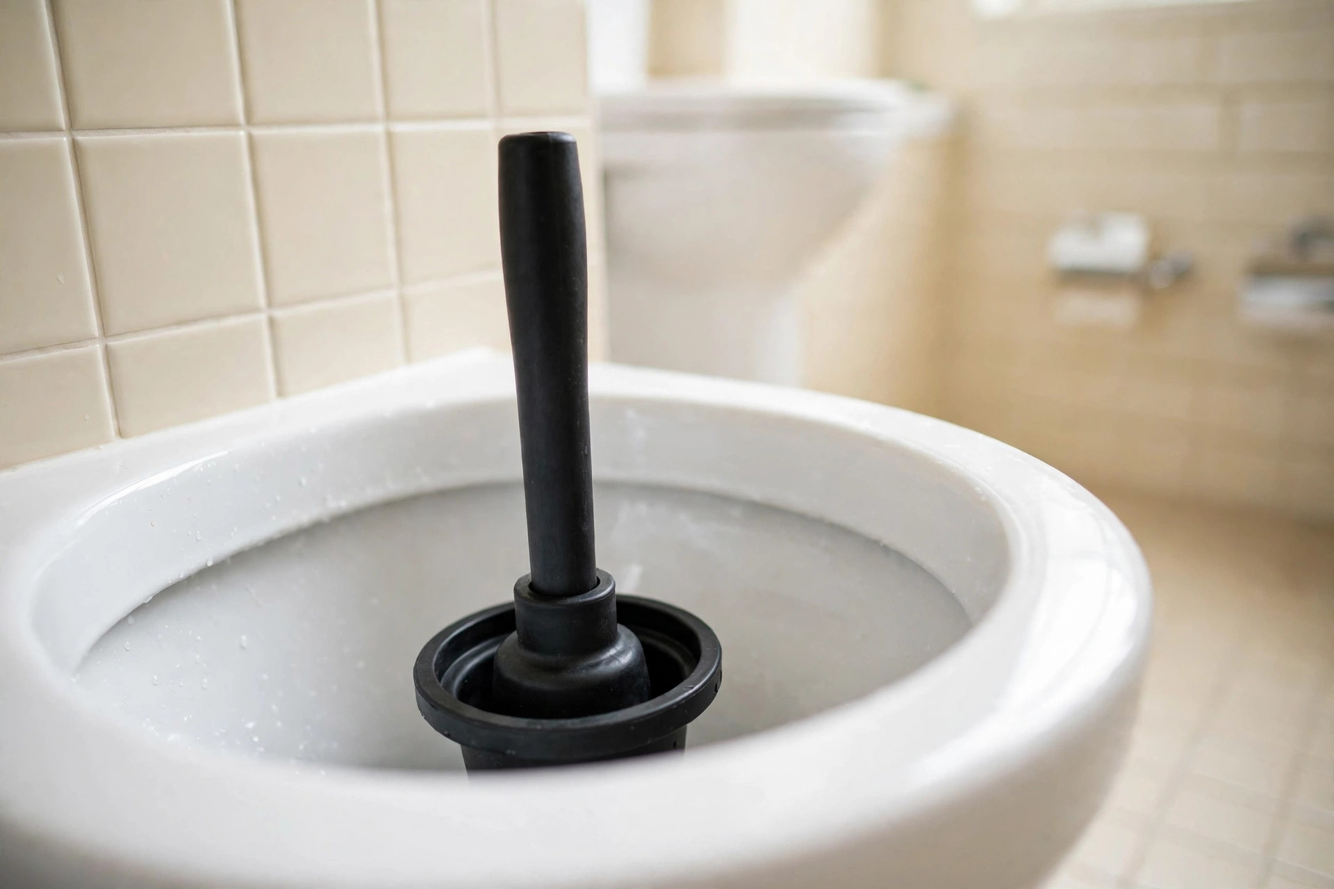 Flange plunger in a toilet bowl for clogged toilet repair in Arcadia