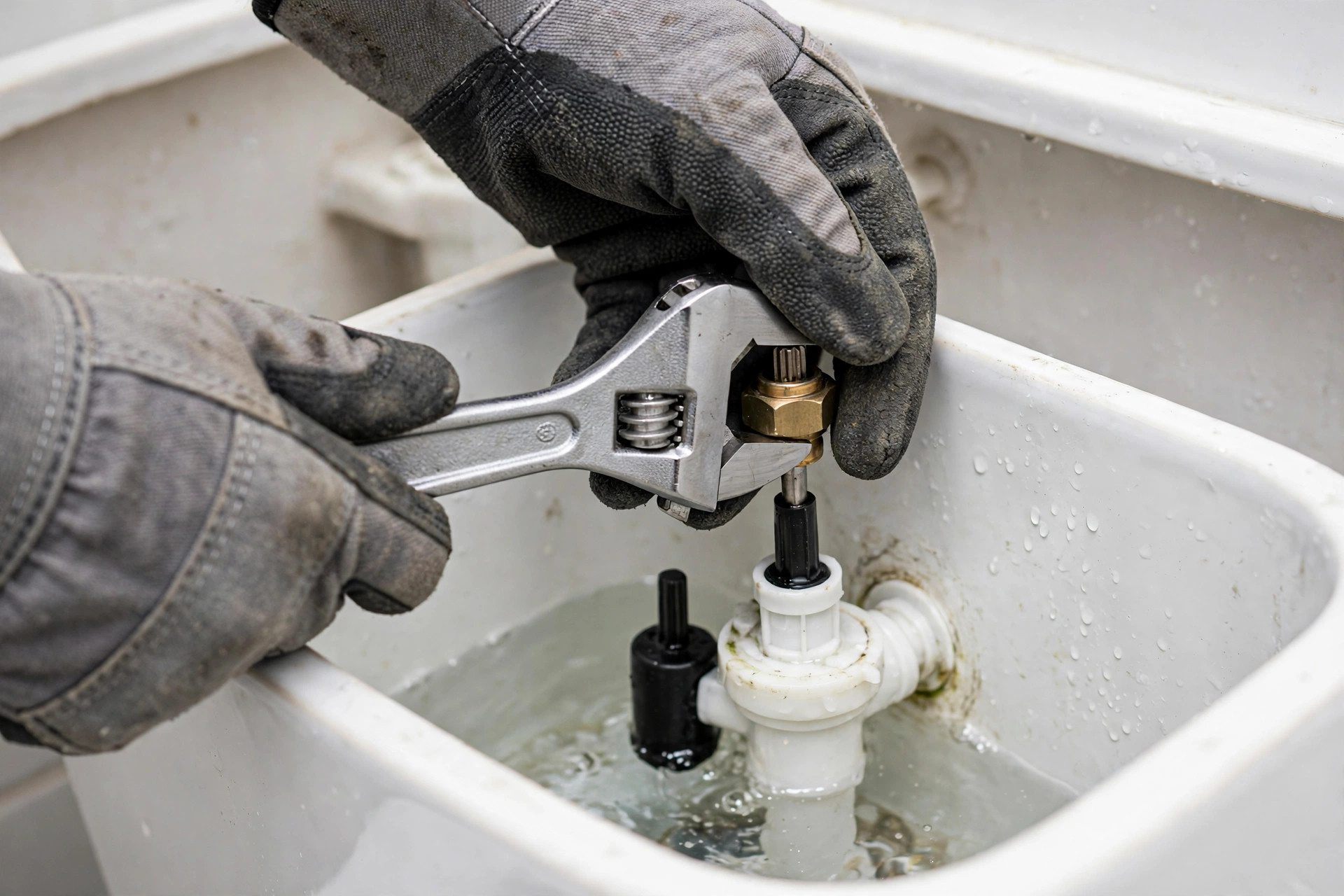 Professional repairing a toilet tank fill valve during toilet repair in Arcadia, CA